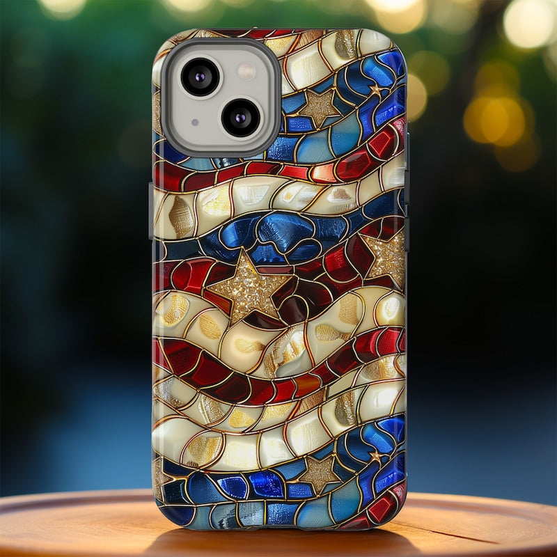 Red White Blue Stained Glass Phone Case | 4th Of July American Flag Design | iPhone 15 14 Pro Max, Google Pixel 8 7, Samsung Galaxy S24 S22