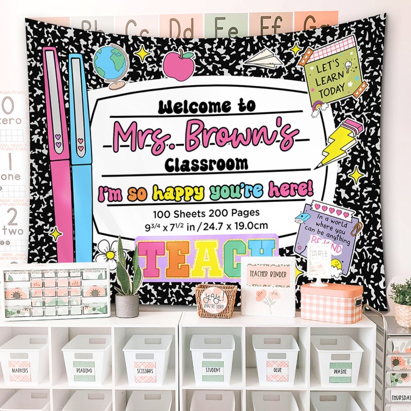 Groovy Classroom Decor, Personalized Classroom Composition Notebook Tapestry, Gift for Teacher, Classroom Banner, Teacher Name Class Banner