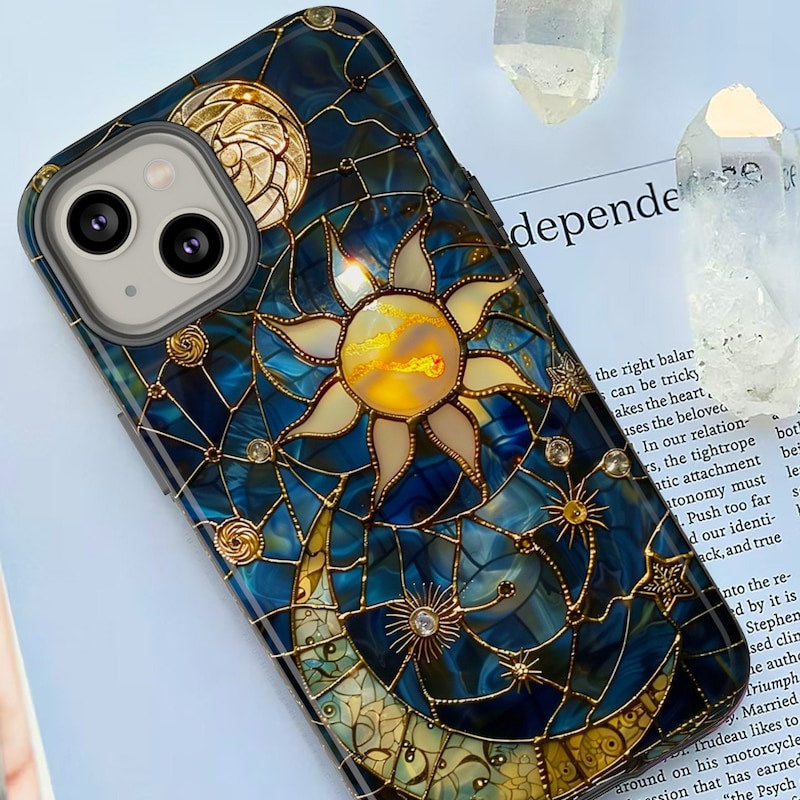 Celestial Stained Glass Moon and Stars Phone Case | Faux Stain Glass Starry Night Sky Design Phone Cover | iPhone 15 | Pixel 8 | Samsung S24