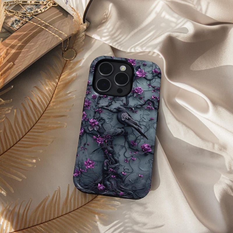 Goth Gothic Dark Spooky Raven Crow Phone Case Witchy Purple Tree Flower iPhone 15 14 13 12 11 8 Pro Max X XS XR Pixel Samsung S23 S24+ Gift