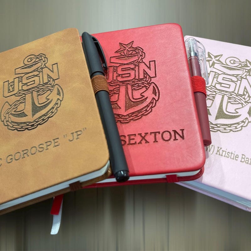 Custom/ Personalized mini Note book with Pen.  laser engraved US Navy. Laser Engraved Notebook customized.