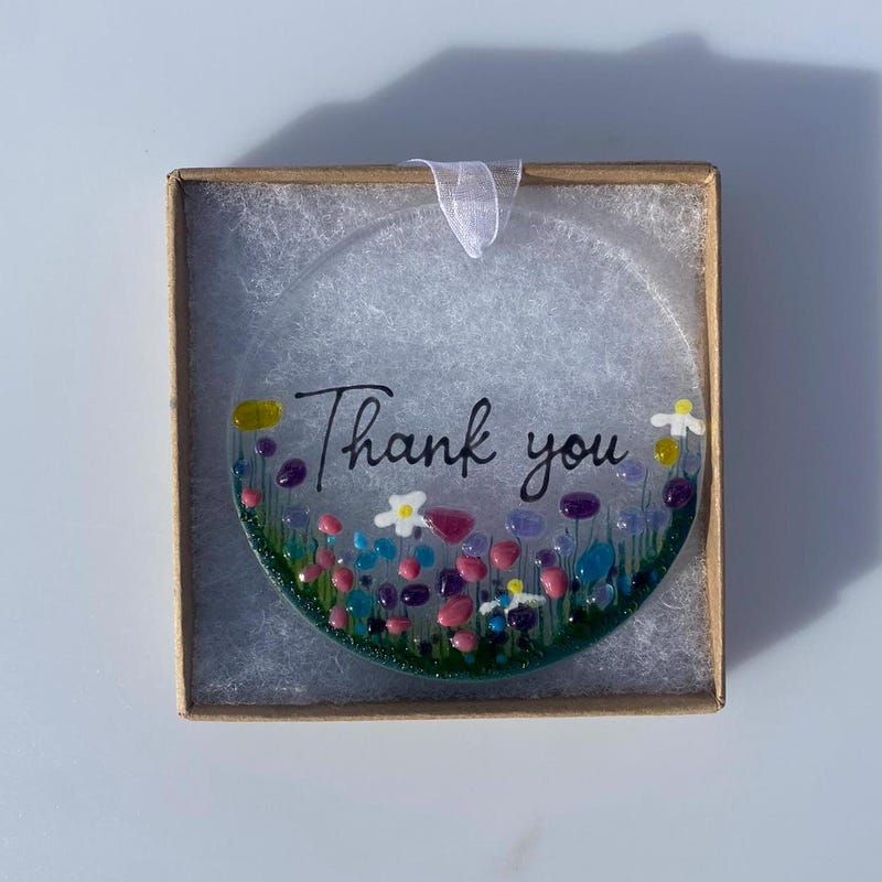 Thank You Wildflower Fused Glass Suncatcher Hanging Decoration, ideal for Unique Thank You Gift,  Wedding, Bridesmaid, Friend, Teacher