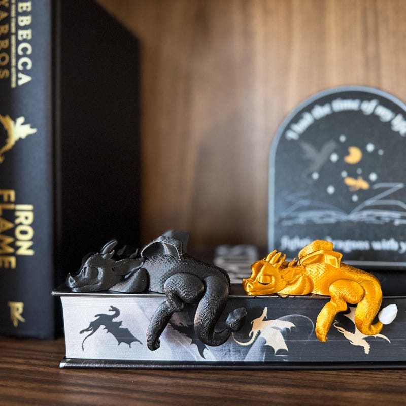 Sleeping Dragon Bookshelf Sitter | Dragon Bookshelf Decor | Multicolor Dragon Figurine | Fourth Wing Inspired | Black and Gold Dragons