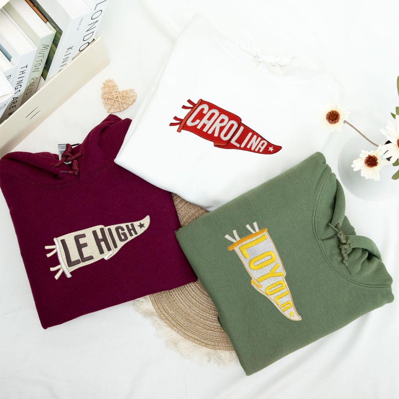 Pennant Hoodie, Personalized Embroidered Pennant Sweatshirt, Custom High School College Sport Team Shirt, Game Day Shirt, Gift For Friend