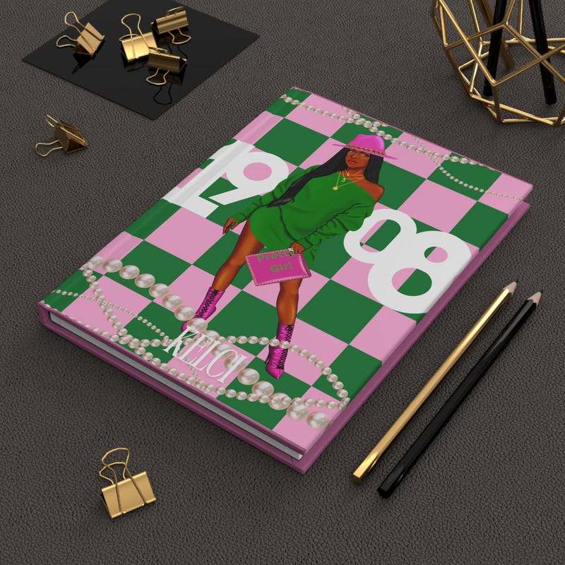 Custom Pink and Green Hardcover Journal,1908 Journal, Sorority Gift, Alpha Kappa Alpha Notebook, Probate Gift, AKA Journal, Greek Life Gift,