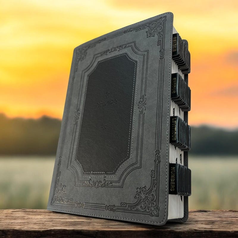 Custom Leather Black KJV Tabbed BIBLE with Tabs Christian Gift for Him Dad Men Her Communion Baptism Catholic Confirmation Wedding LARGE Birthday