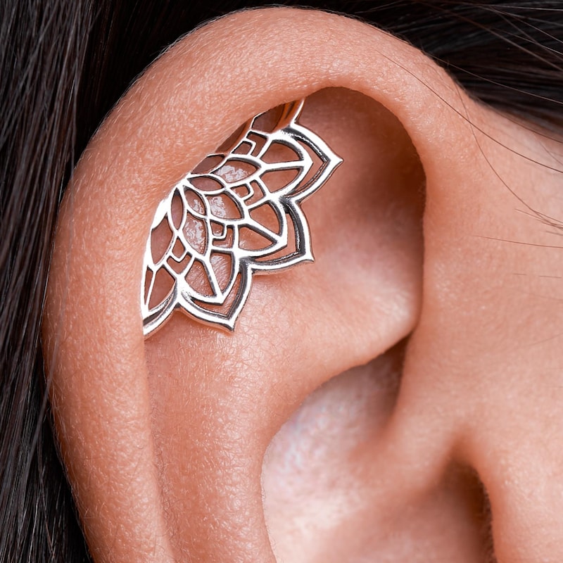 Boho Helix Earring • Geometric Mandala Lotus Flower Hidden Helix • Piercing 18G 16G • Cartilage Bohemian Silver Spiritual Jewelry •  CRT023