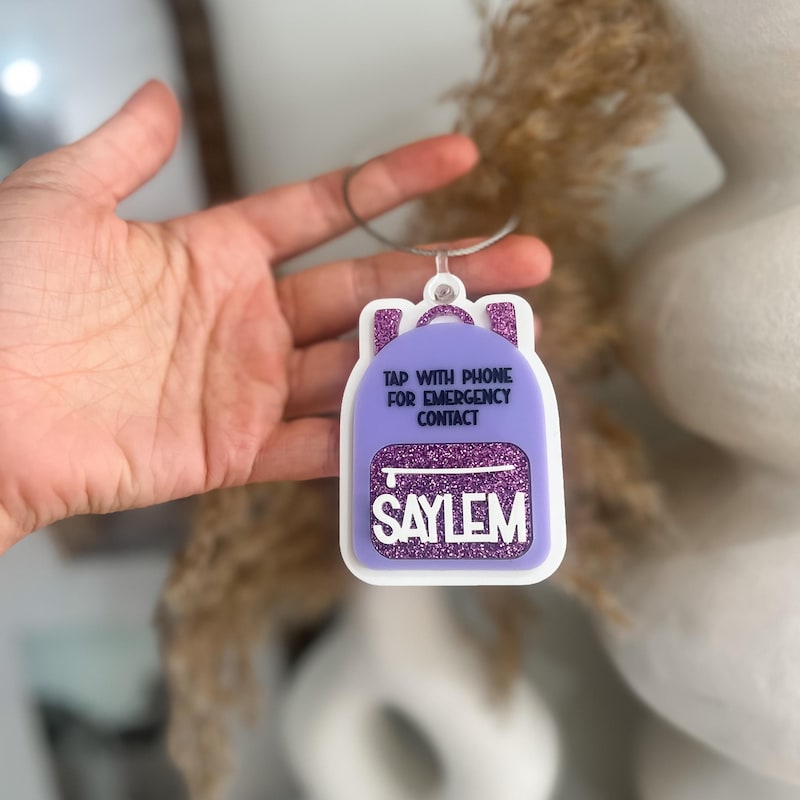 Emergency contact backpack tag, bag tag, book bag tag, scan tag, NFC tag, safety, school name tag, bag tag with name, customizable, personal