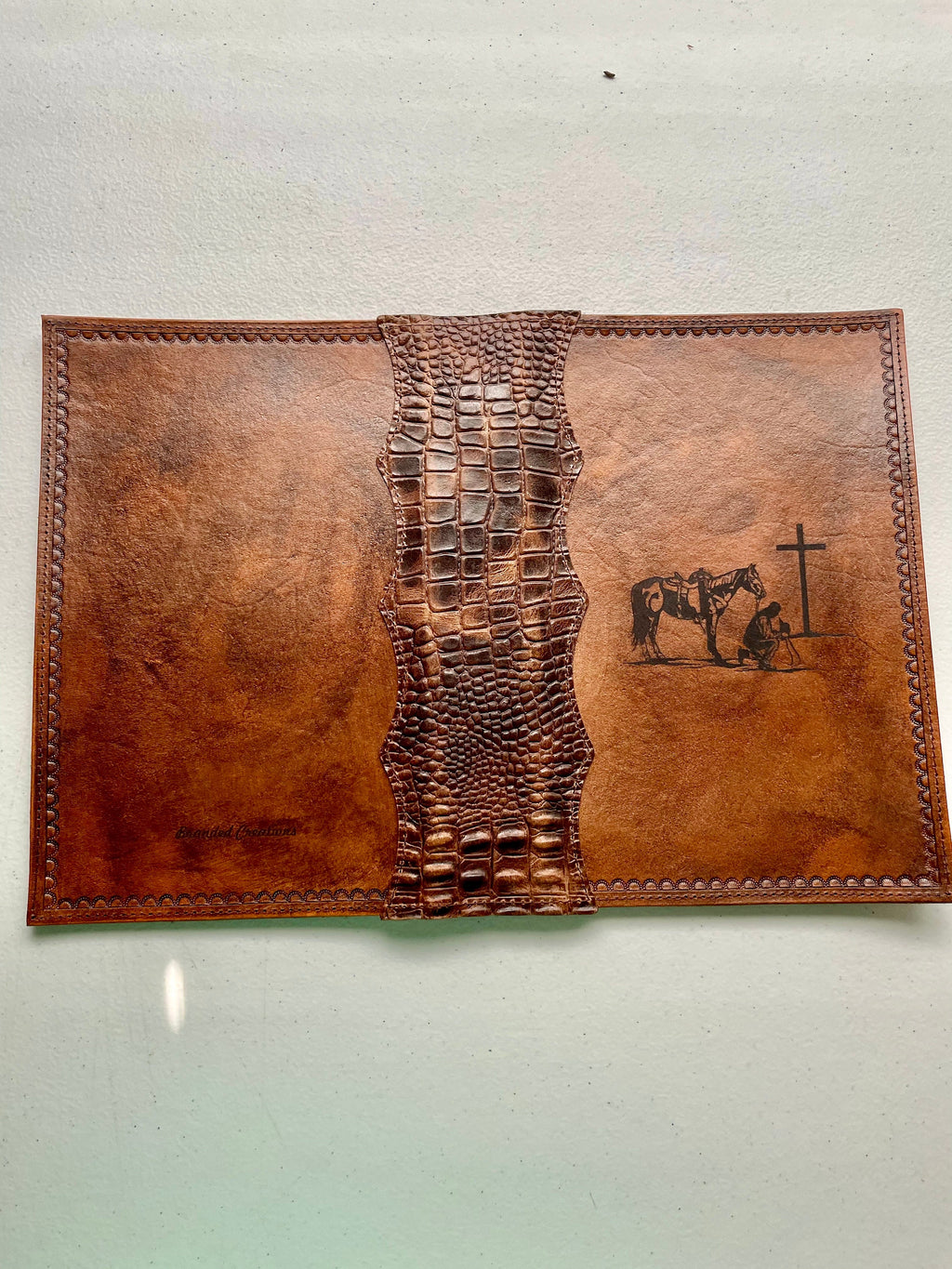 Handcrafted Laser Engraved Praying Cowboy All Leather Bible Cover With Alligator Embossed Bind