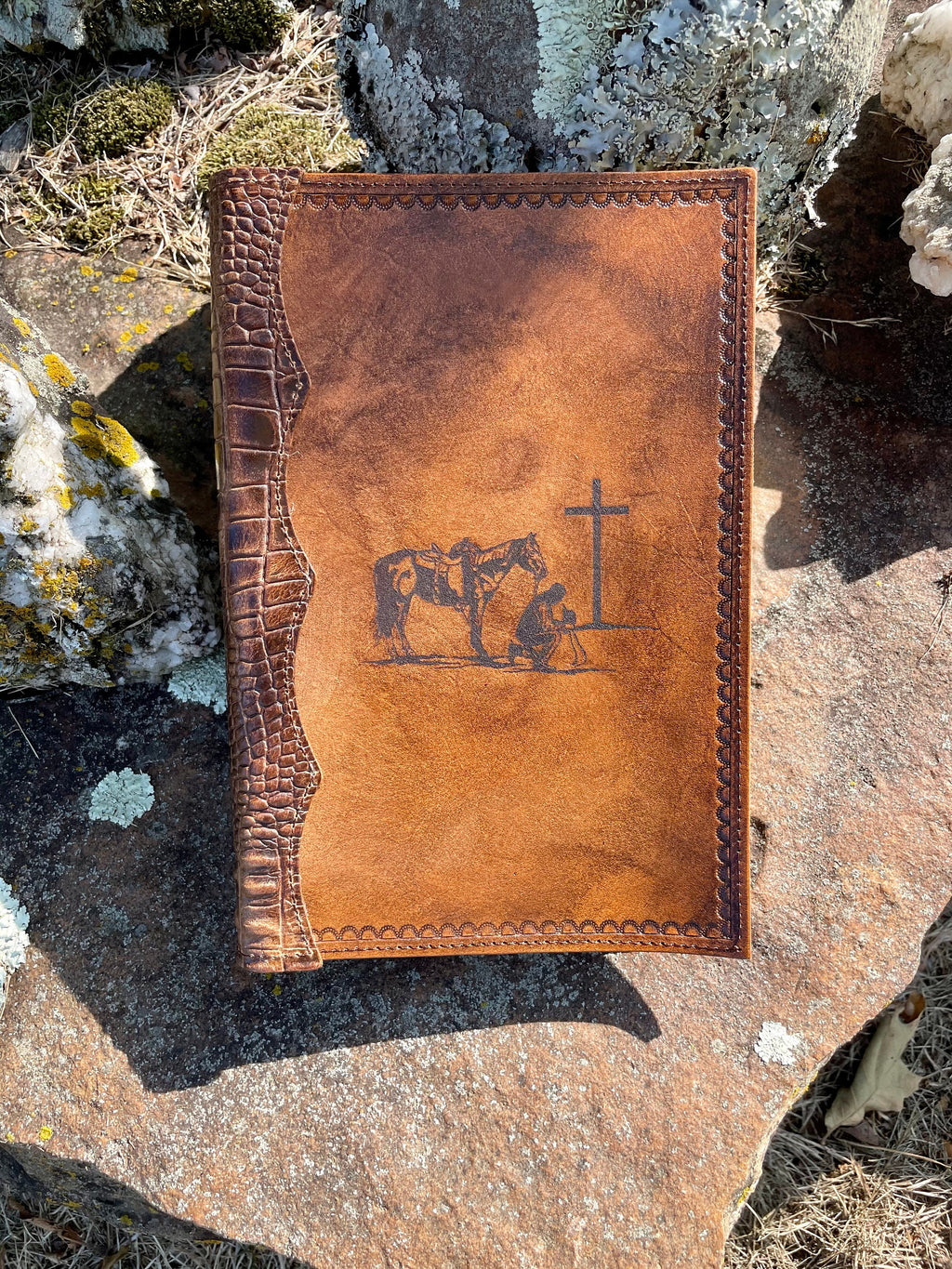 Handcrafted Laser Engraved Praying Cowboy All Leather Bible Cover With Alligator Embossed Bind