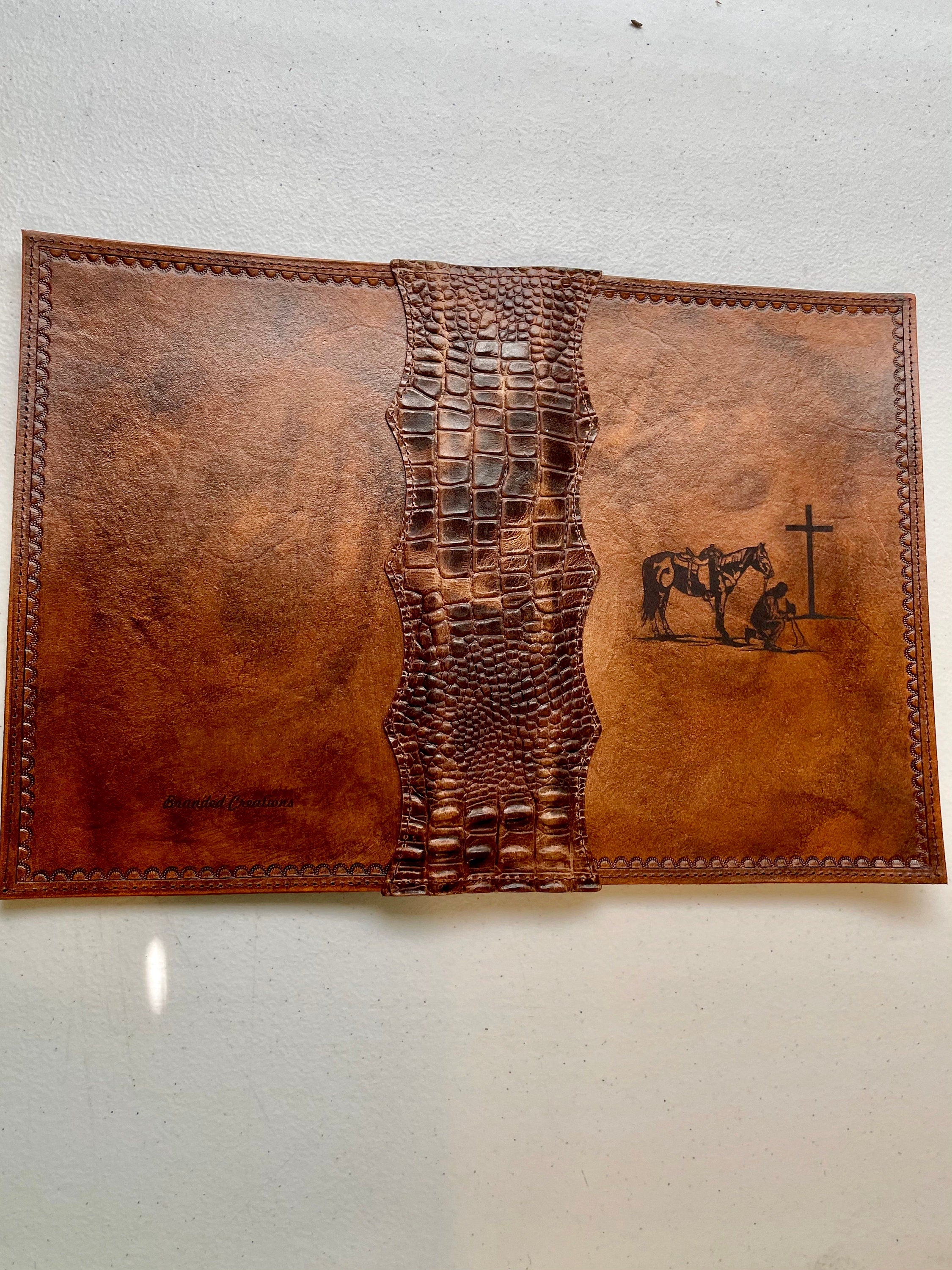 Handcrafted Laser Engraved Praying Cowboy All Leather Bible Cover With Alligator Embossed Bind