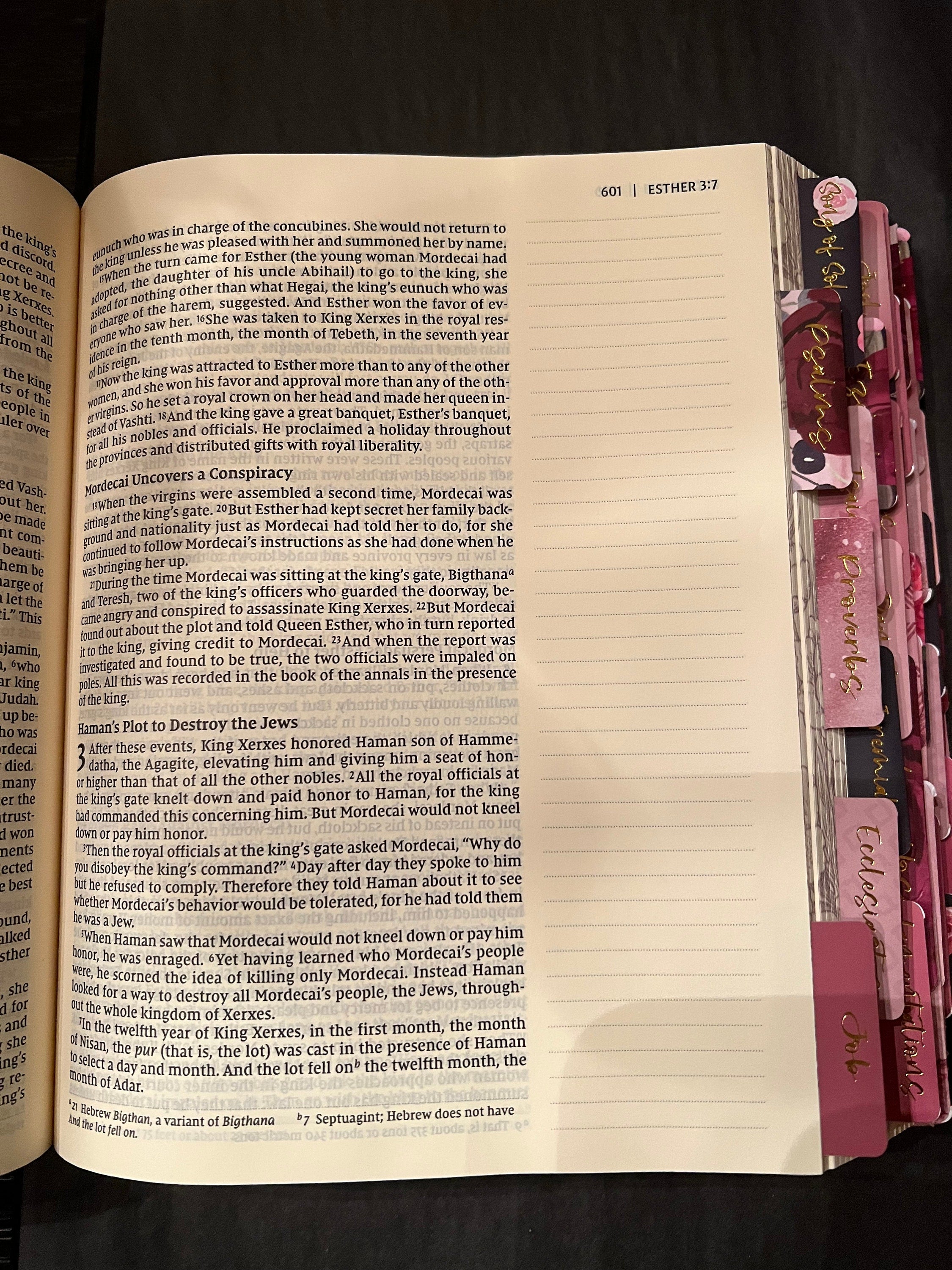 Beautiful NIV , Journaling, Notes Bible with Gorgeous handcrafted laminated Bible Tabs with gold lettering