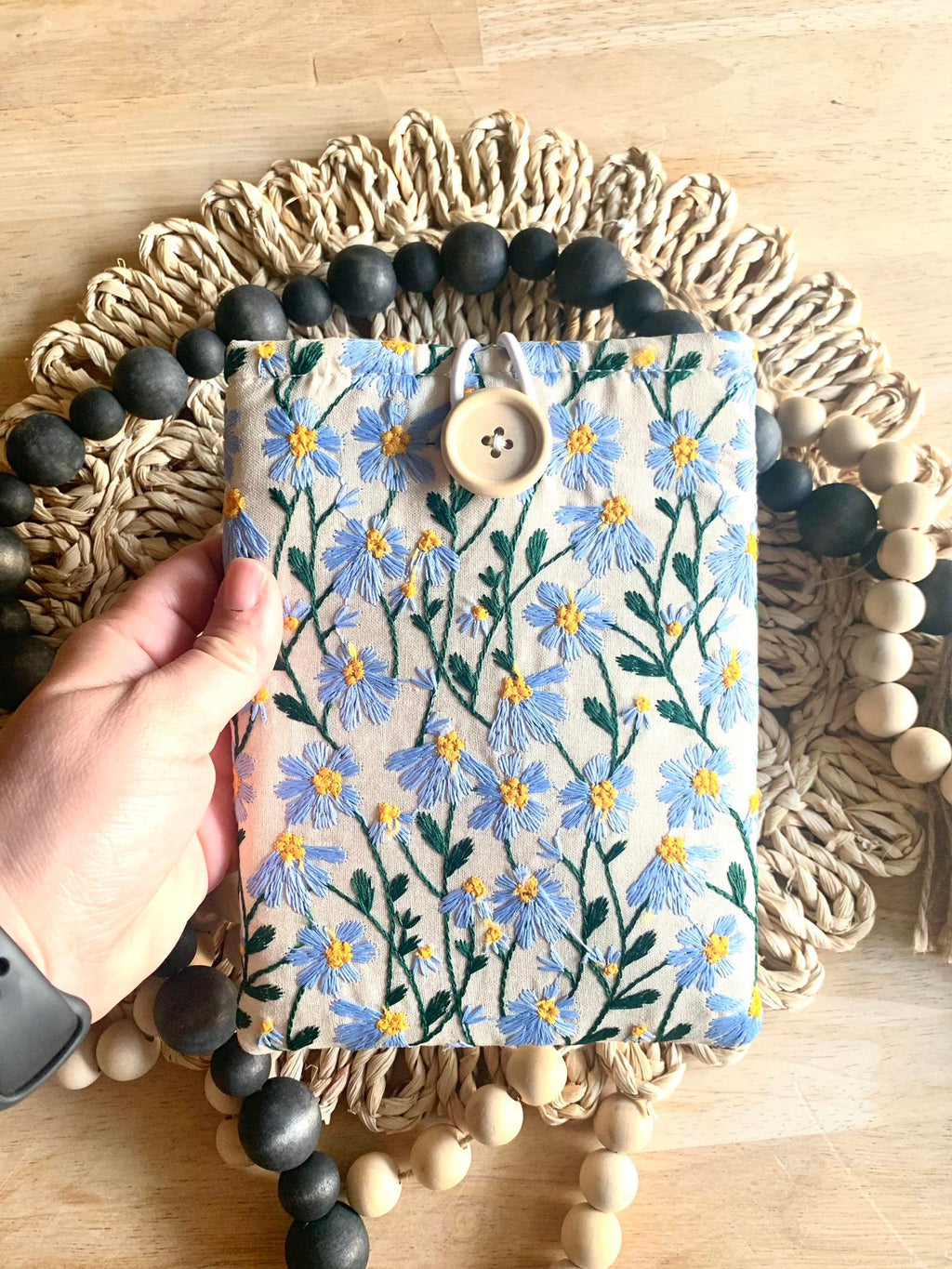 Blue Beige Daisy Embroidered book sleeve, kindle sleeve, ereader cover, iPad sleeve, Book Gift, book pouch, Bible cover