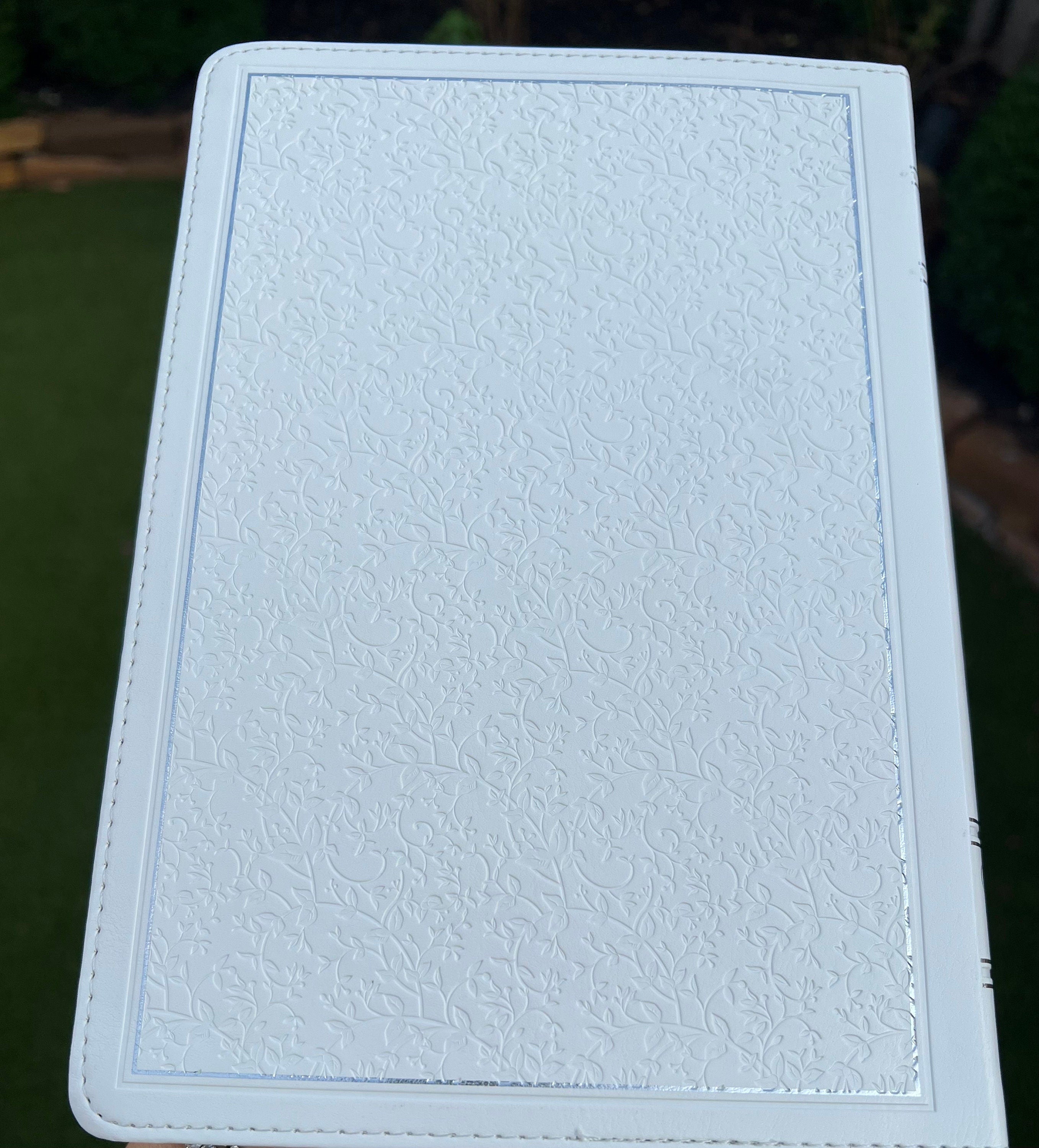 Gorgeous White KJV Holy Bible with Silver Corner Embellishments with Swarovski Crystals , Thinline Large Print Faux Leather