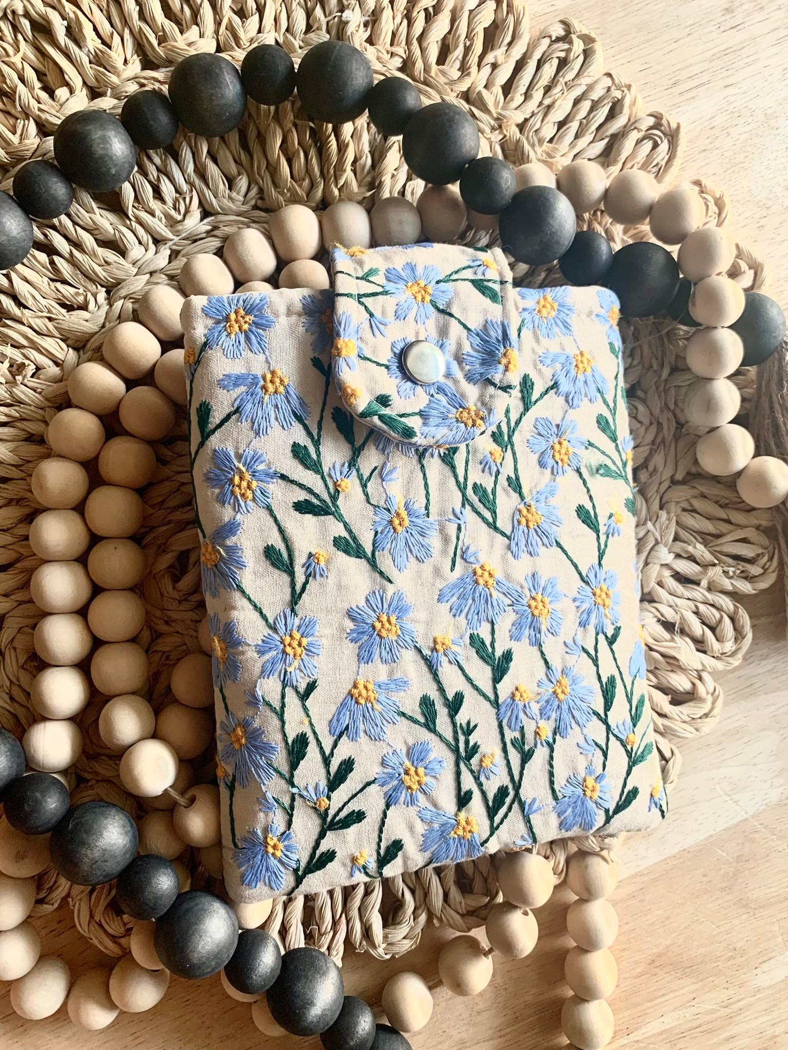 Blue Beige Daisy Embroidered book sleeve, kindle sleeve, ereader cover, iPad sleeve, Book Gift, book pouch, Bible cover