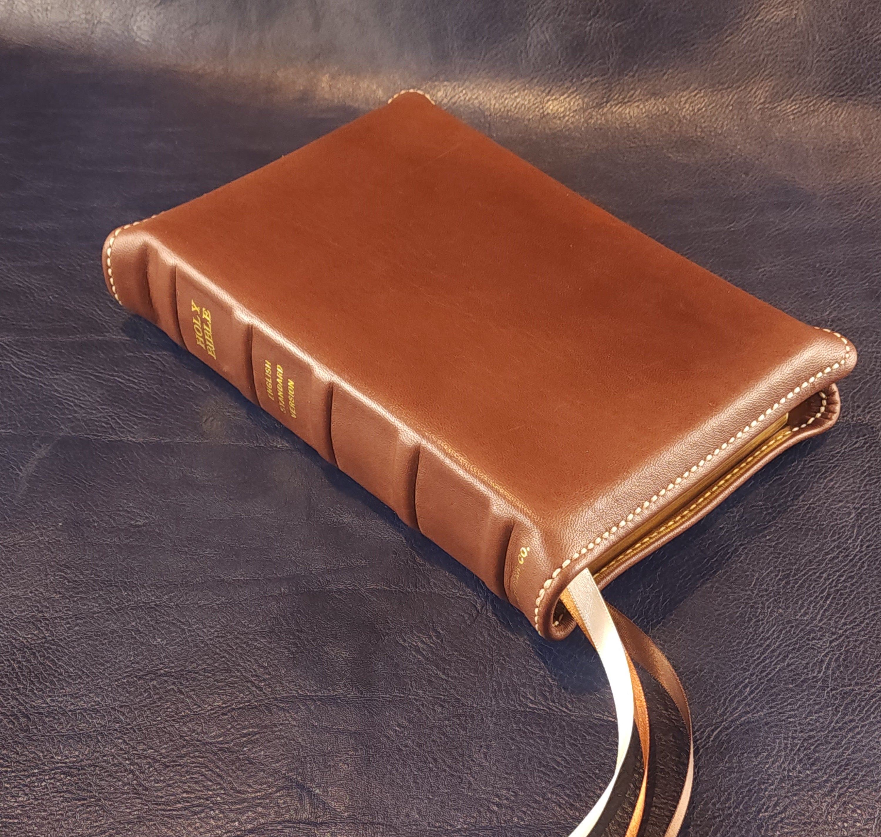 Brown Nappa sheepskin leather ESV Personal Size Extra Large Print Bible with light tan perimeter stitching and three ribbons