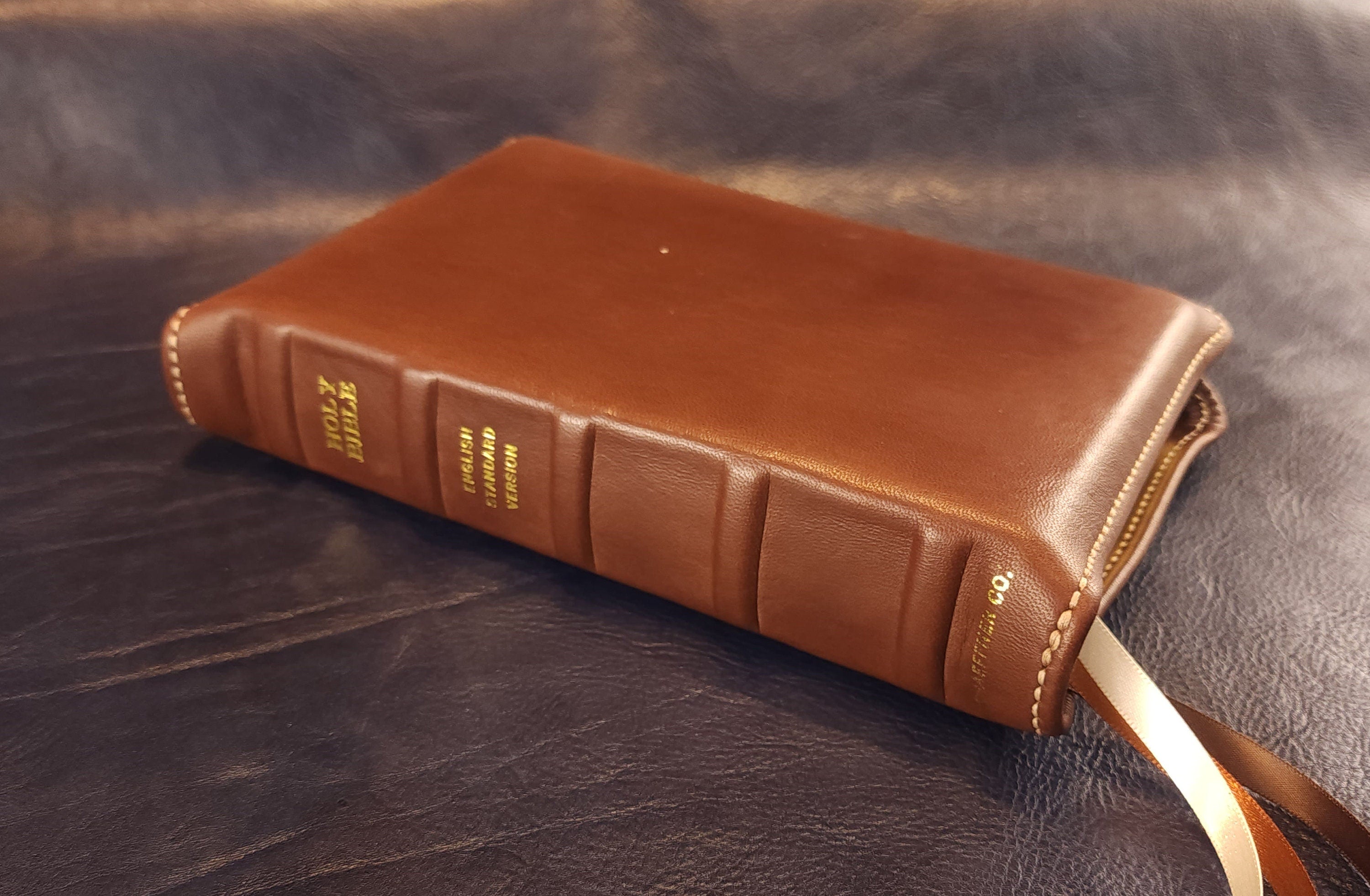 Brown Nappa sheepskin leather ESV Personal Size Extra Large Print Bible with light tan perimeter stitching and three ribbons