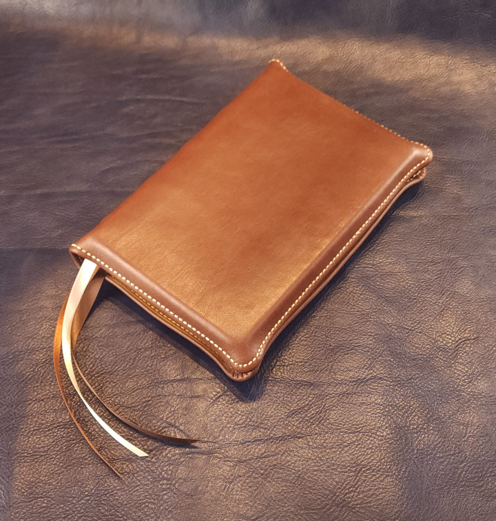 Brown Nappa sheepskin leather ESV Personal Size Extra Large Print Bible with light tan perimeter stitching and three ribbons