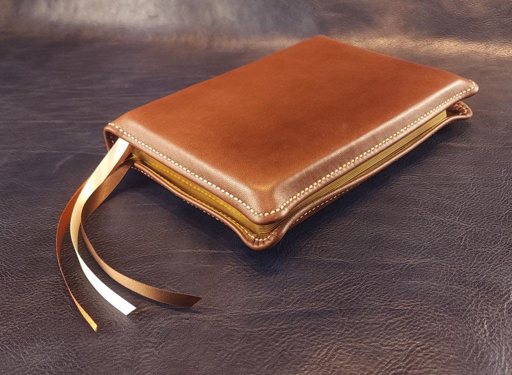 Brown Nappa sheepskin leather ESV Personal Size Extra Large Print Bible with light tan perimeter stitching and three ribbons