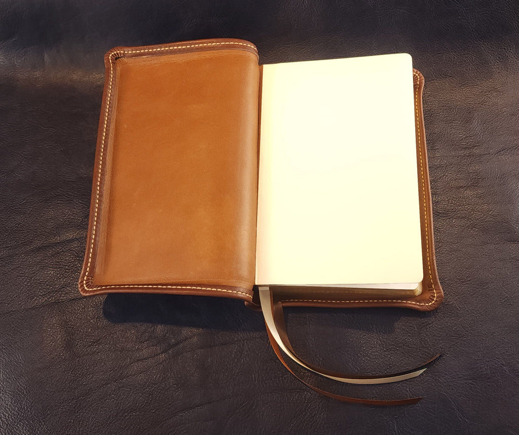 Brown Nappa sheepskin leather ESV Personal Size Extra Large Print Bible with light tan perimeter stitching and three ribbons