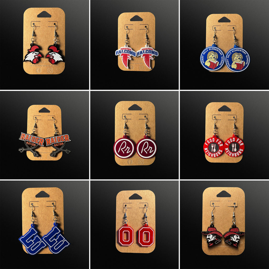 Custom School Mascot/Logo Laser Cut Painted Dangle Earrings | High School | College | Band | Cheer | Booster | Fundraiser