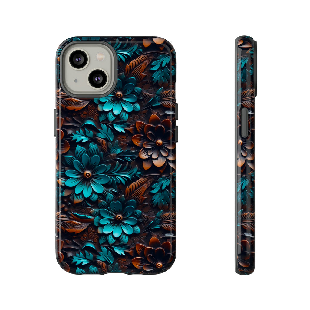 Western Boho Phone Case | Faux Tooled Leather Turquoise Floral Phone Case | Country Leather Phone Cover For iPhone | Samsung | Pixel