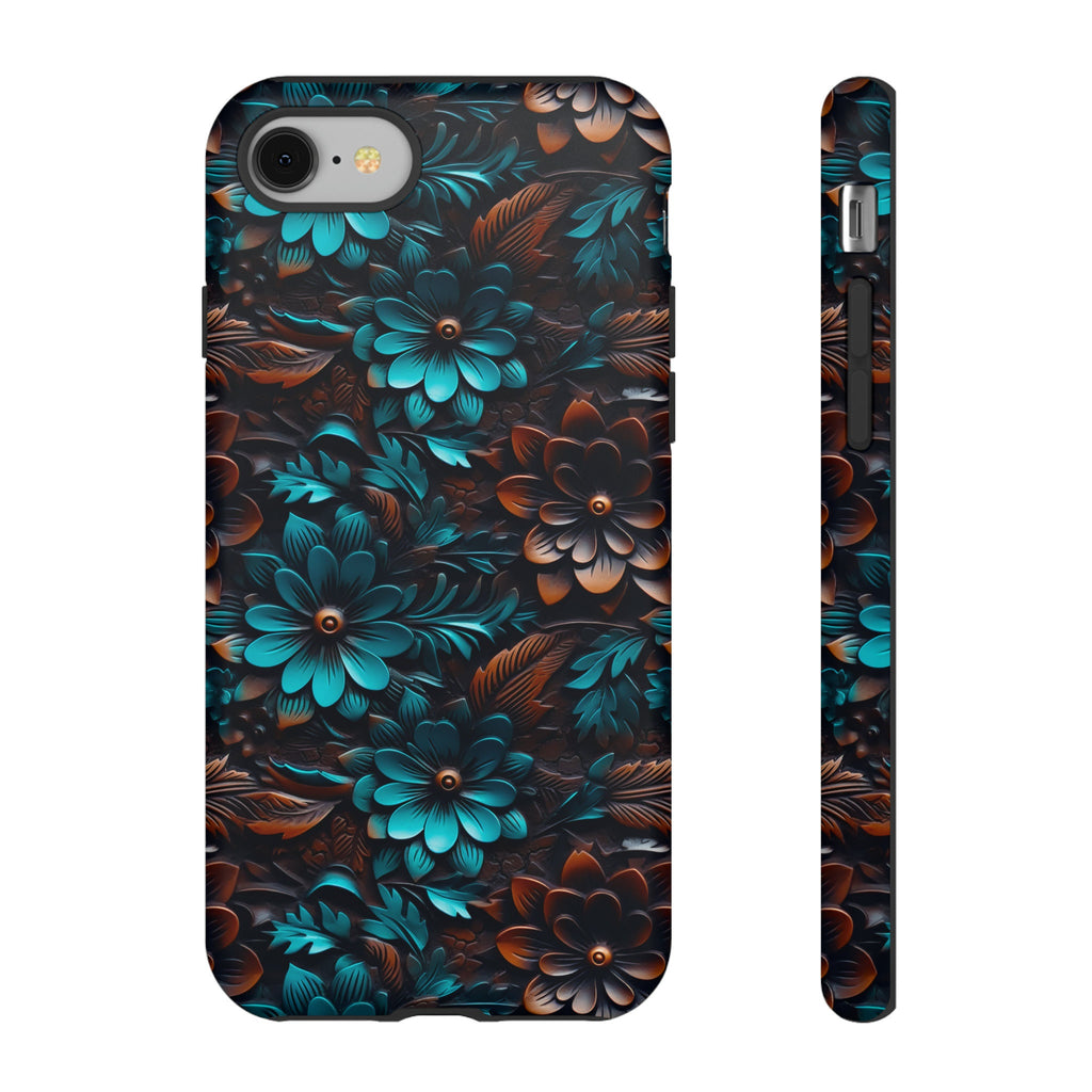 Western Boho Phone Case | Faux Tooled Leather Turquoise Floral Phone Case | Country Leather Phone Cover For iPhone | Samsung | Pixel