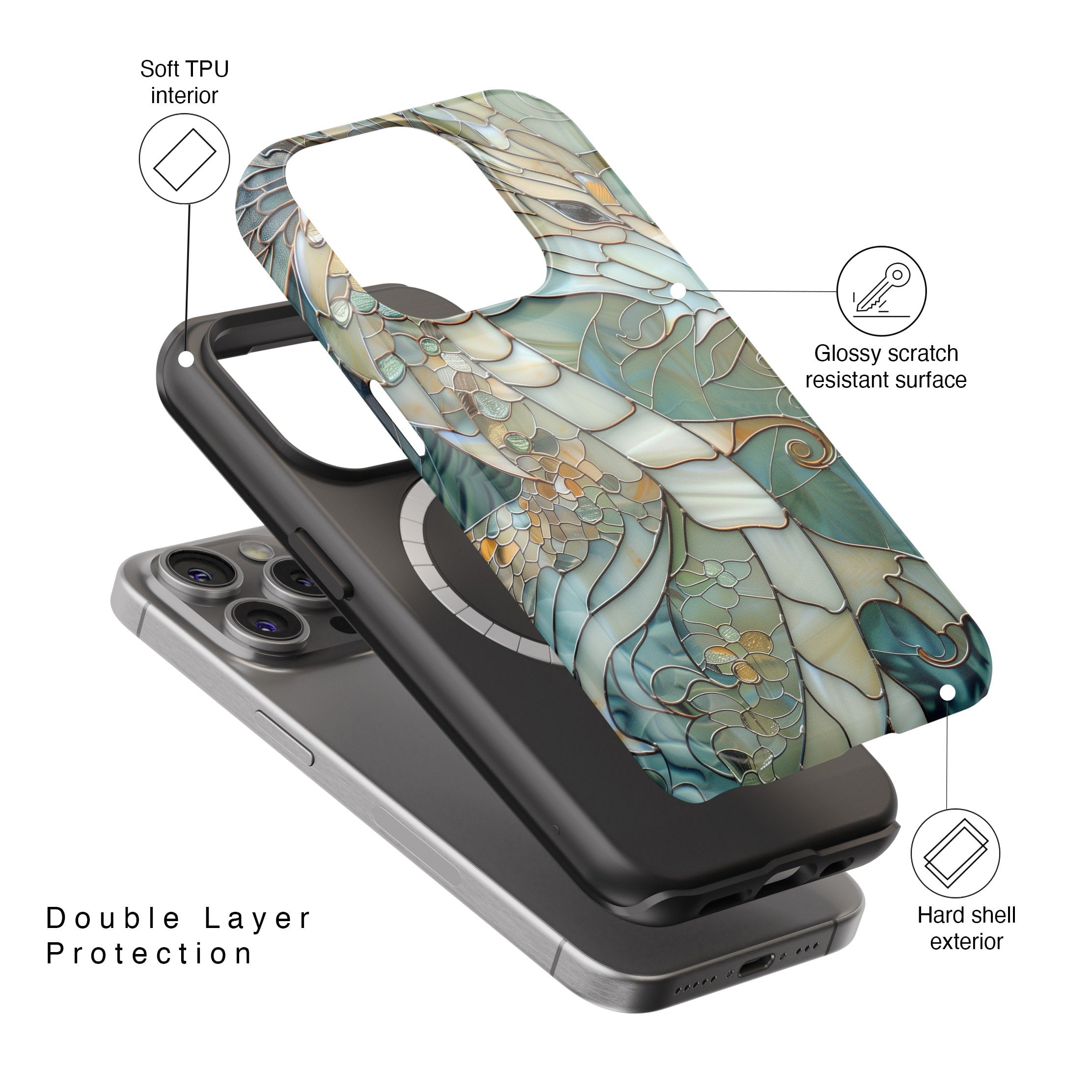 Dragon Stained Glass Design Phone Case with Magsafe for iPhone 15, 14, 13, 12, 11, XR, XS, Pro, Max, Mini, Dragon Lover Gift