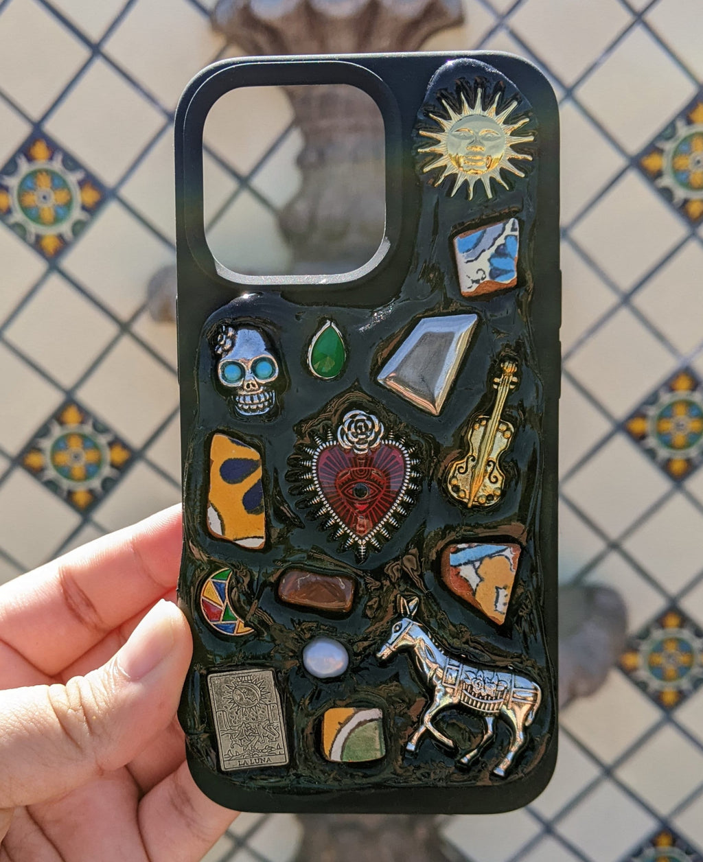 iPhone Phone Case Handmade Decoden Mexican Talavera Mosaic Vintage Jewelry Trinket Milagritos Stone Beige White Black Cover