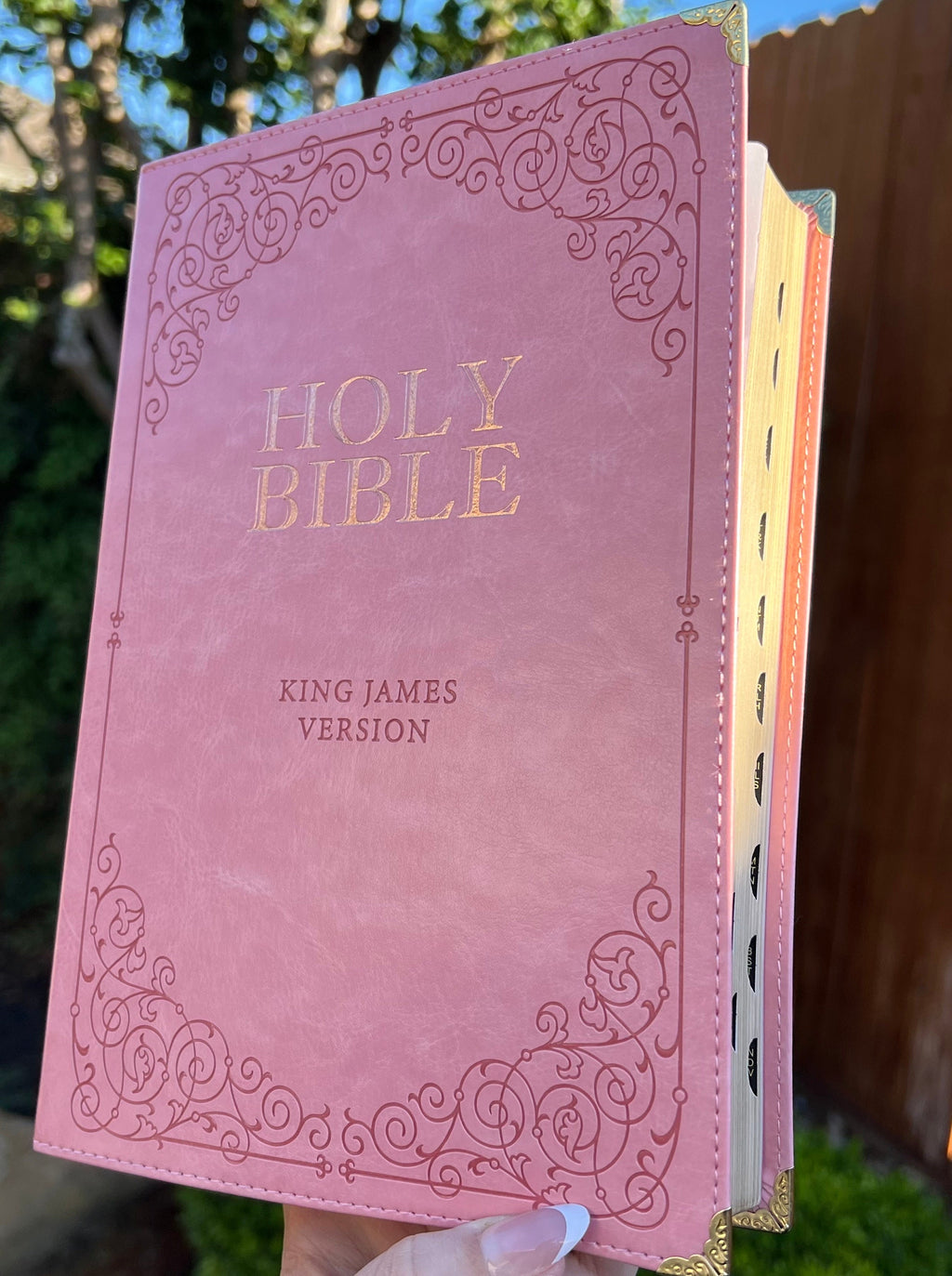 Beautifully Simple KJV Pink Leather Soft Giant Print Bible with Decorative/ Protective Gold Corners and Custom Name Option