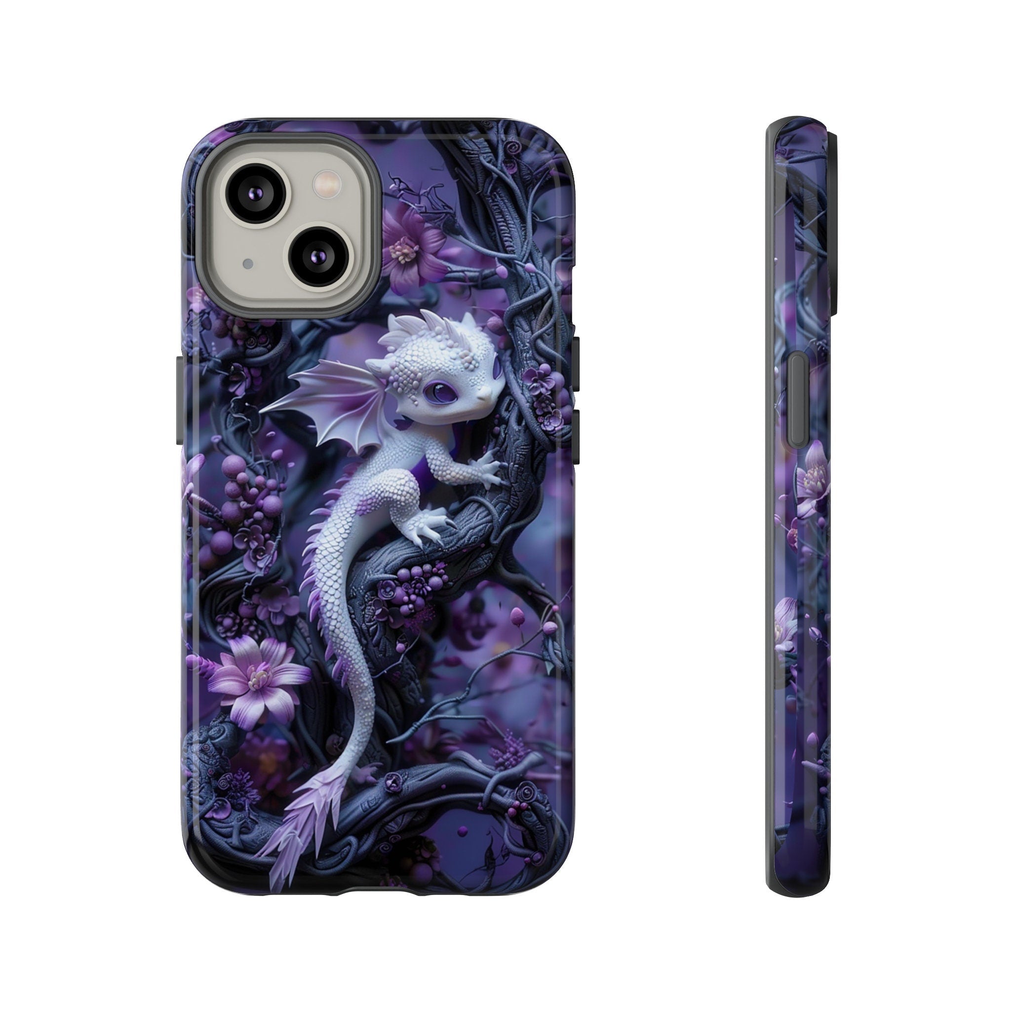 Cute 3D Baby Dragon Lavender Floral Phone Case | Purple Baby Dragon Phone Cover | iPhone 15 Pro Max Pixel 8 Samsung Galaxy S24 Plus Ultra