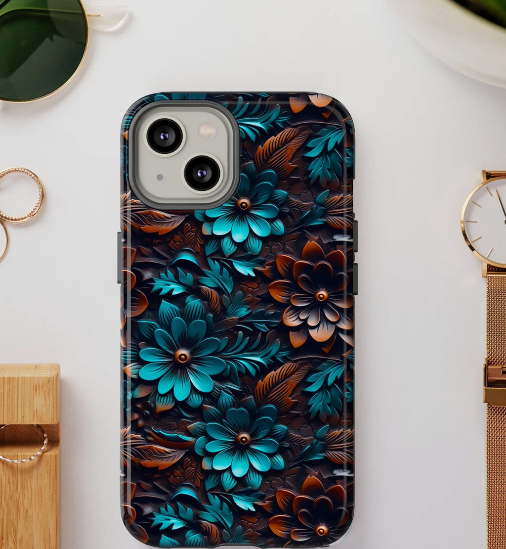 Western Boho Phone Case | Faux Tooled Leather Turquoise Floral Phone Case | Country Leather Phone Cover For iPhone | Samsung | Pixel
