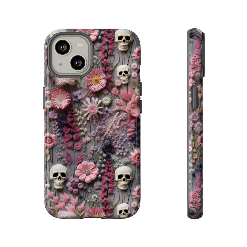 Embroidered Look Floral Skulls Phone Case | Faux Embroidery Dark Academia Skeleton Phone Cover For iPhone | Google Pixel | Samsung Galaxy