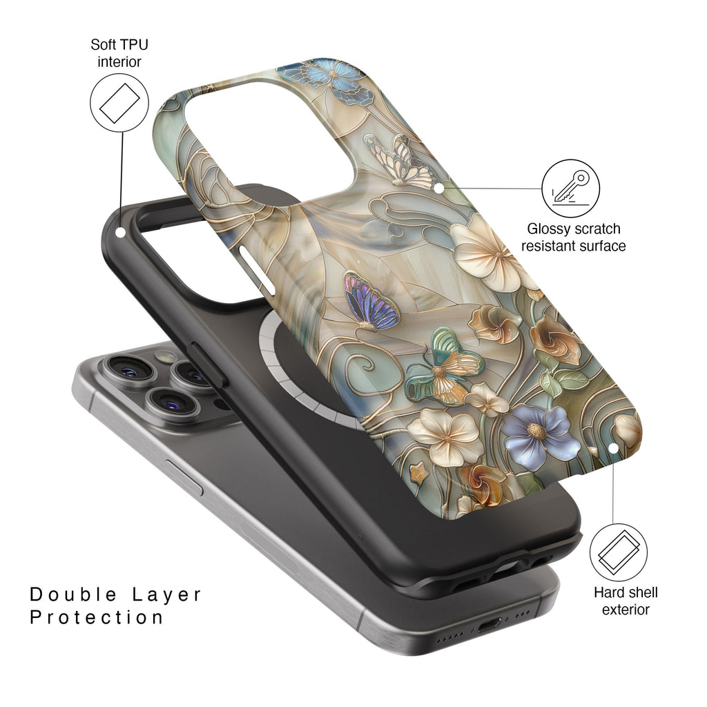 Floral Butterflies Stained Glass Design Phone Case with Magsafe for iPhone 15, 14, 13, 12, 11, XR, XS, Pro, Max, Mini, Flower Phone Case