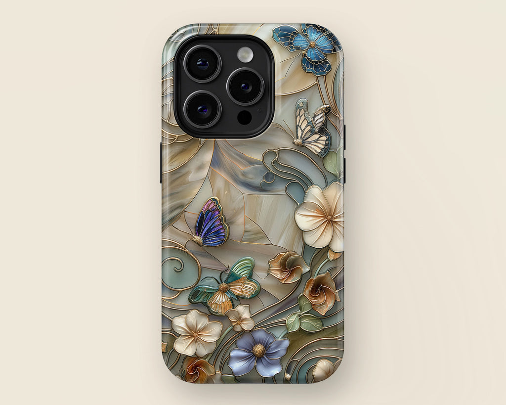 Floral Butterflies Stained Glass Design Phone Case with Magsafe for iPhone 15, 14, 13, 12, 11, XR, XS, Pro, Max, Mini, Flower Phone Case