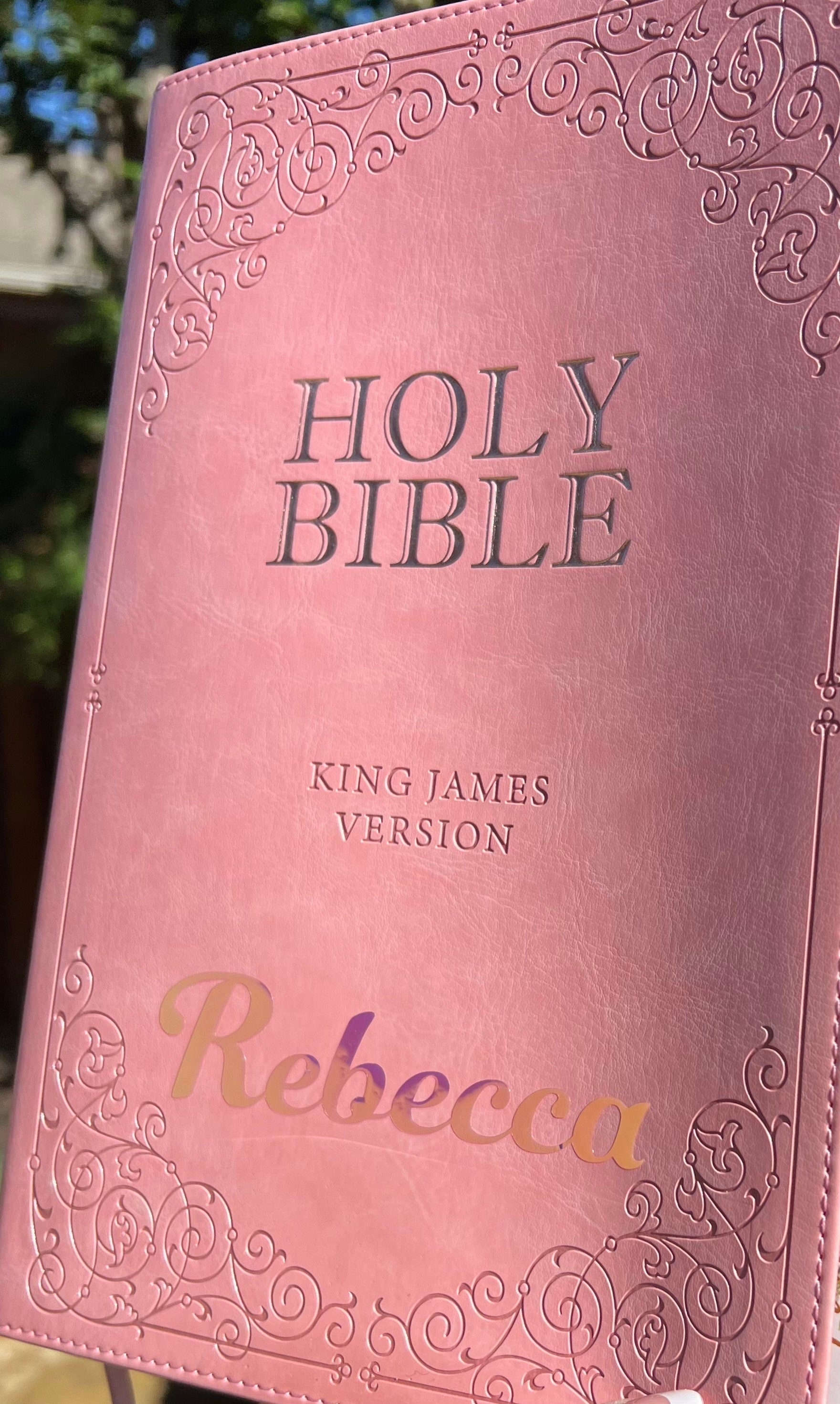 Beautifully Simple KJV Pink Leather Soft Giant Print Bible with Decorative/ Protective Gold Corners and Custom Name Option