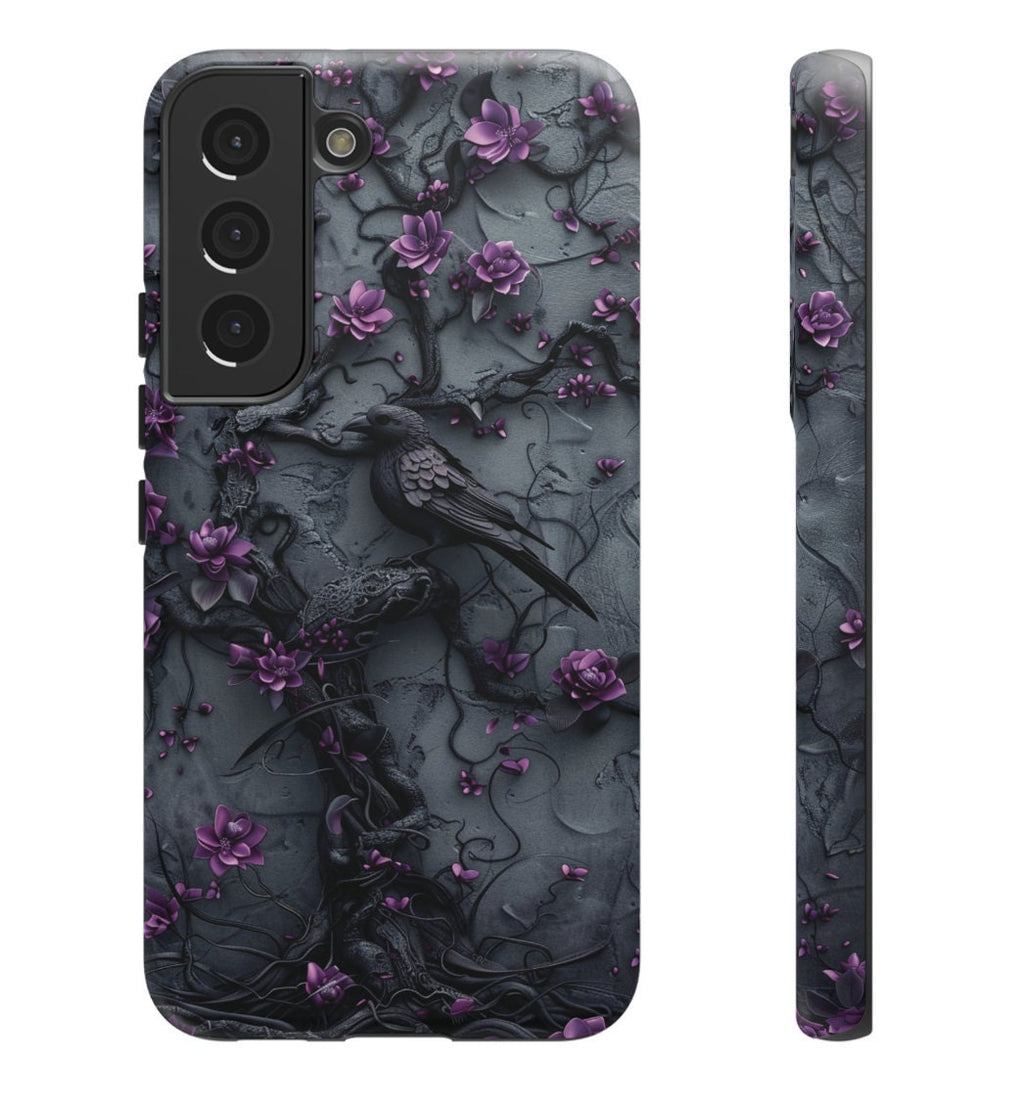 Goth Gothic Dark Spooky Raven Crow Phone Case Witchy Purple Tree Flower iPhone 15 14 13 12 11 8 Pro Max X XS XR Pixel Samsung S23 S24+ Gift