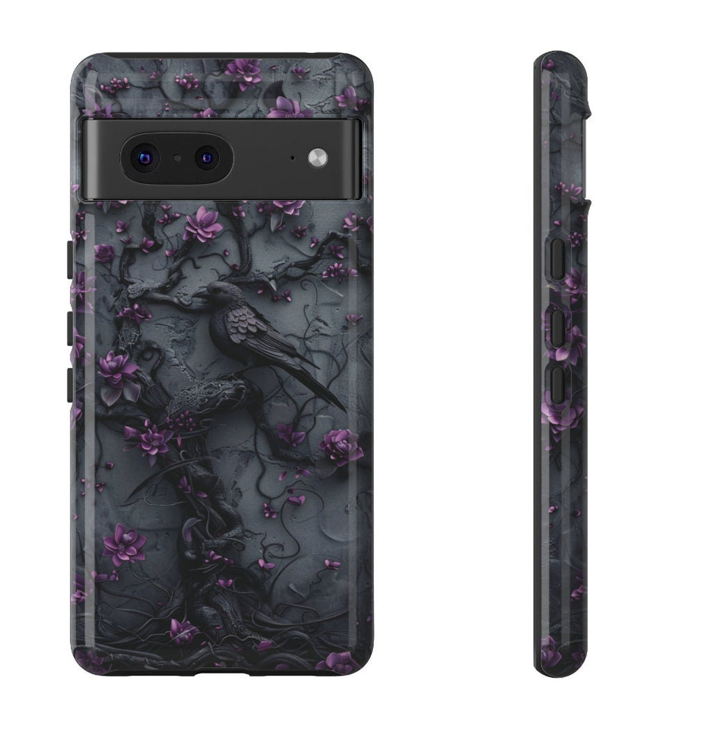 Goth Gothic Dark Spooky Raven Crow Phone Case Witchy Purple Tree Flower iPhone 15 14 13 12 11 8 Pro Max X XS XR Pixel Samsung S23 S24+ Gift
