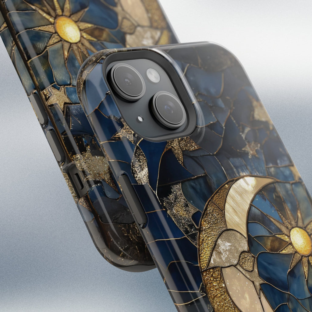 Moon and Stars Phone Case, Celestial Phone Cover Magsafe Compatible Starry Night Sky Space Lover Gift for iPhone 15 14 13 Faux Stained Glass