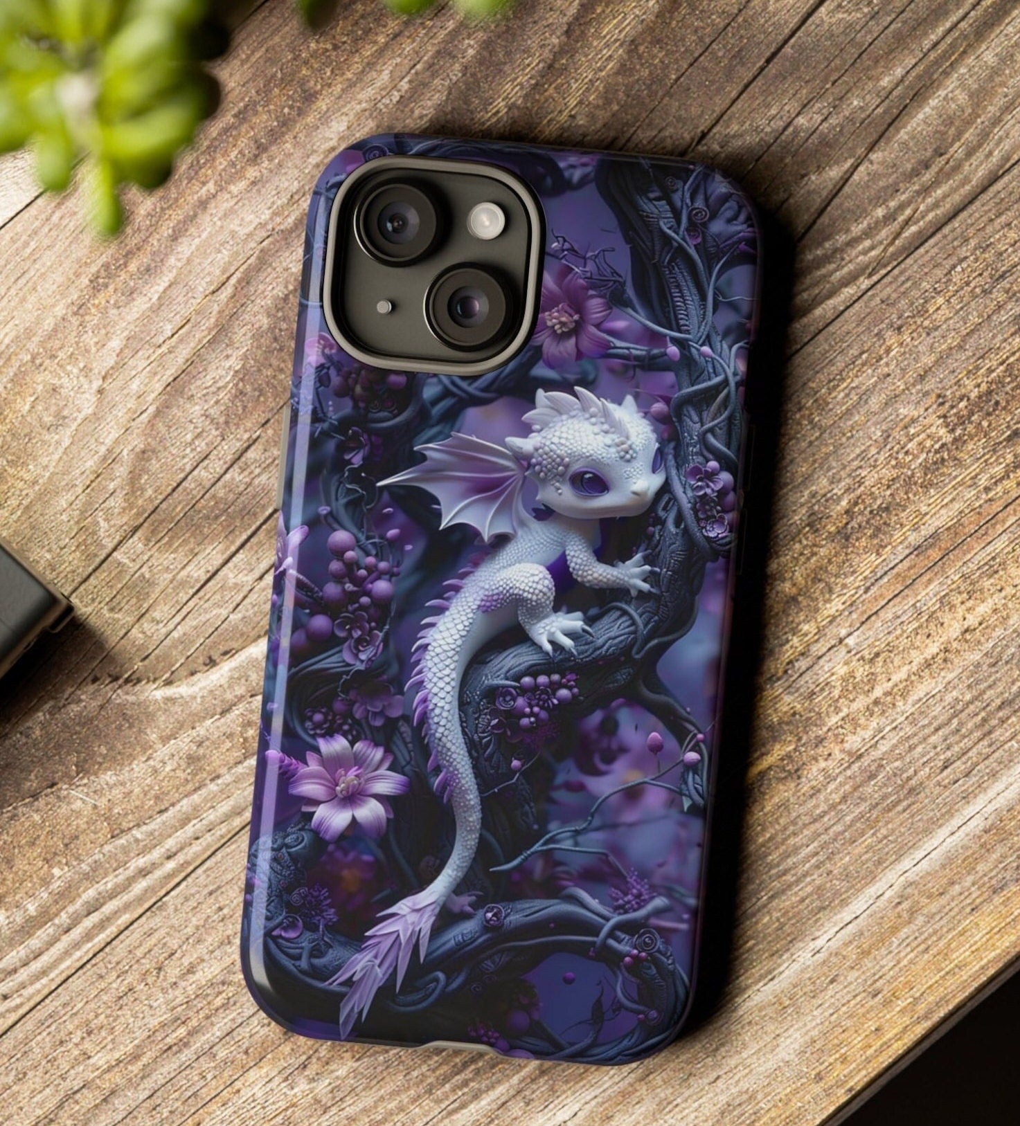 Cute 3D Baby Dragon Lavender Floral Phone Case | Purple Baby Dragon Phone Cover | iPhone 15 Pro Max Pixel 8 Samsung Galaxy S24 Plus Ultra
