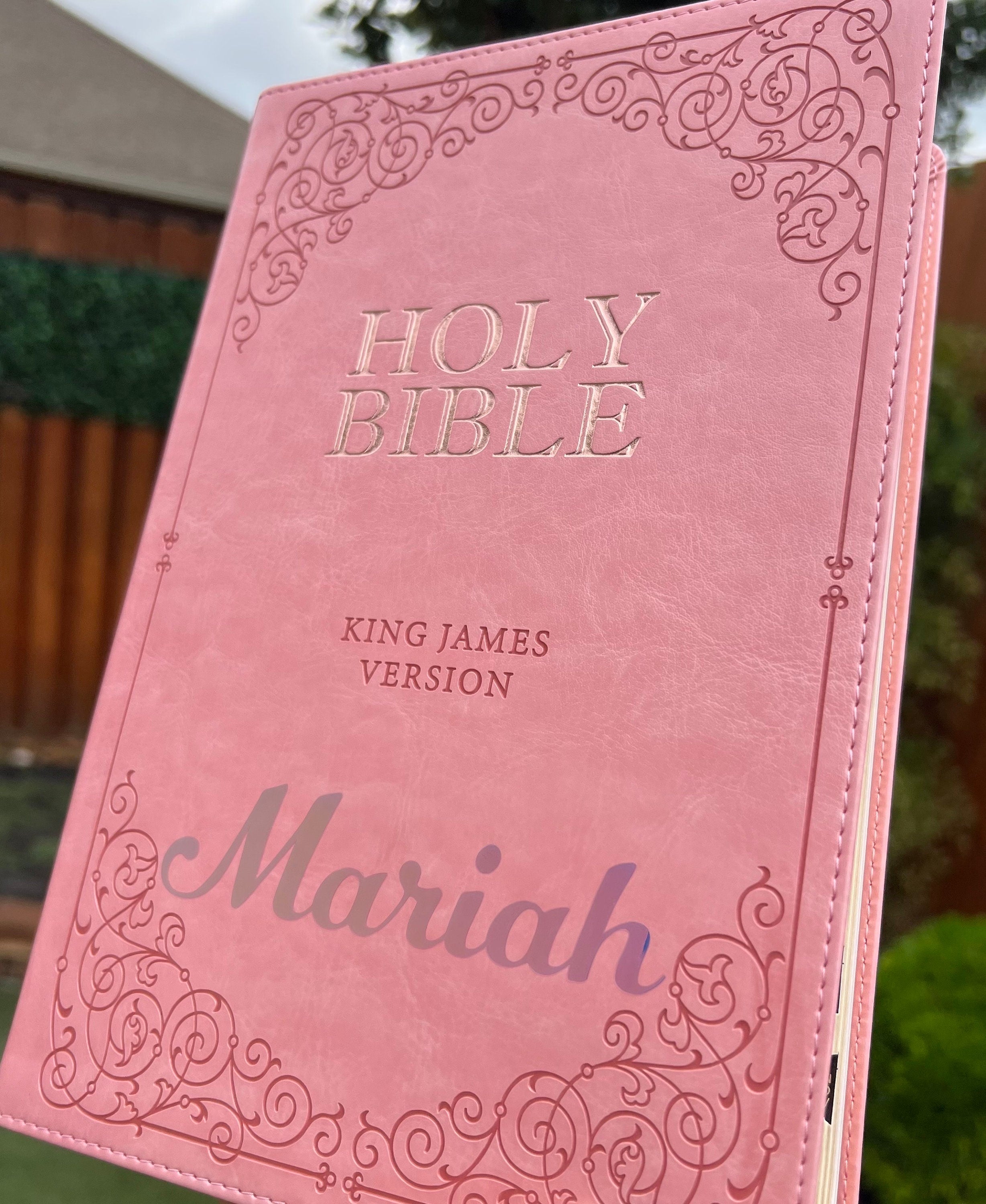 Beautifully Simple KJV Pink Leather Soft Giant Print Bible with Decorative/ Protective Gold Corners and Custom Name Option