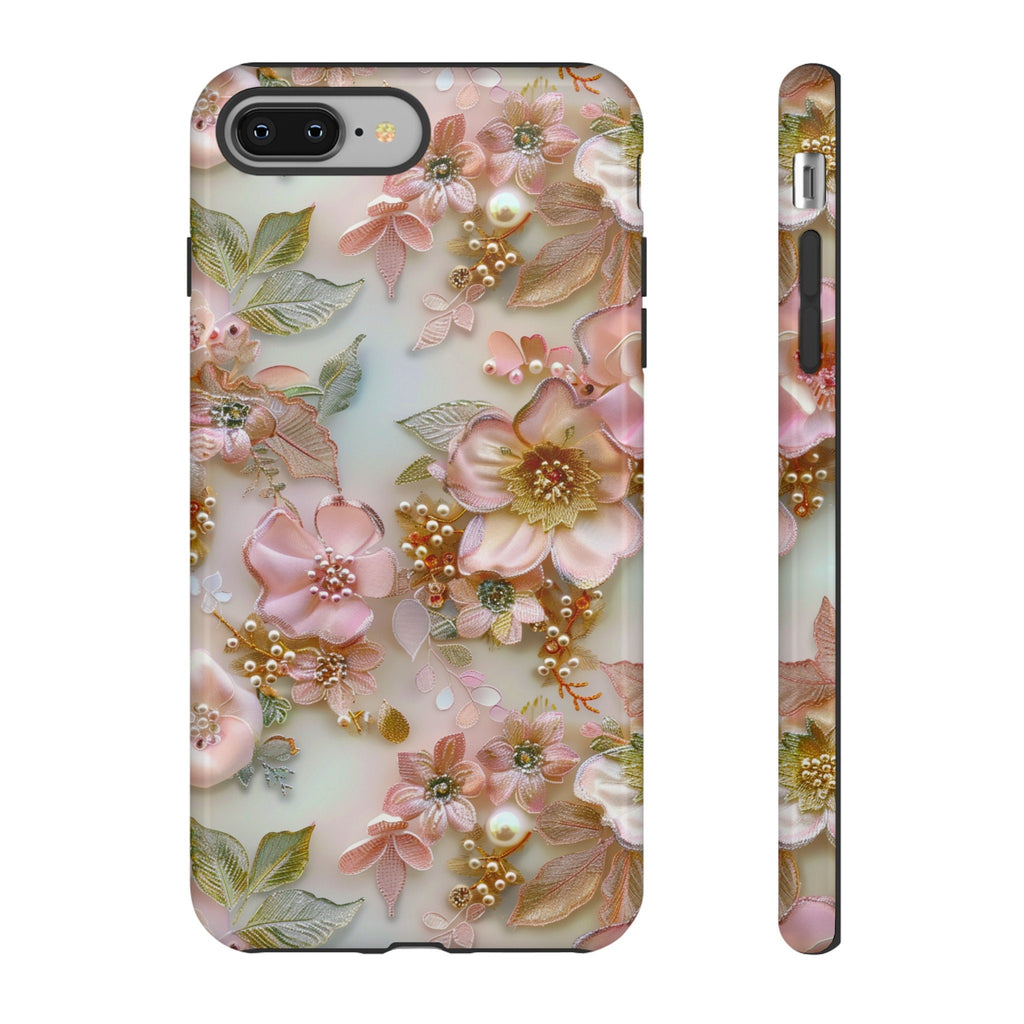 Pink Coquette Floral Lace Collage Phone Case, Faux Embroidered Flowers Pearls Phone Case, iPhone 15 Pro Max, Pixel 8 Pro, Samsung S24 Ultra