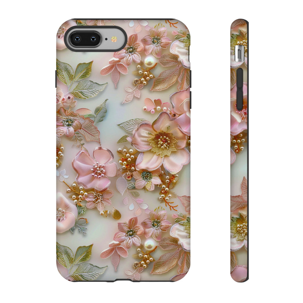 Pink Coquette Floral Lace Collage Phone Case, Faux Embroidered Flowers Pearls Phone Case, iPhone 15 Pro Max, Pixel 8 Pro, Samsung S24 Ultra
