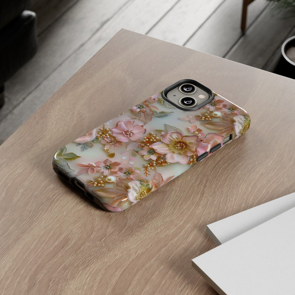 Pink Coquette Floral Lace Collage Phone Case, Faux Embroidered Flowers Pearls Phone Case, iPhone 15 Pro Max, Pixel 8 Pro, Samsung S24 Ultra