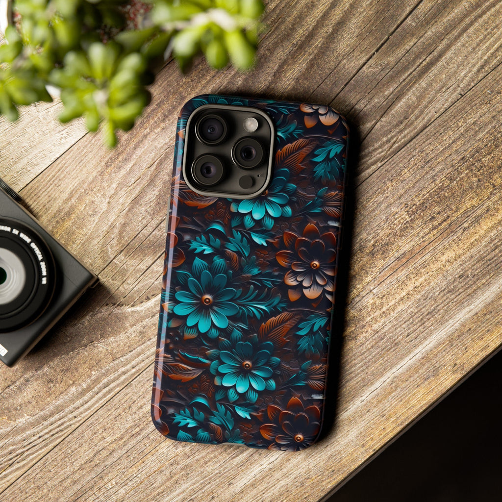 Western Boho Phone Case | Faux Tooled Leather Turquoise Floral Phone Case | Country Leather Phone Cover For iPhone | Samsung | Pixel