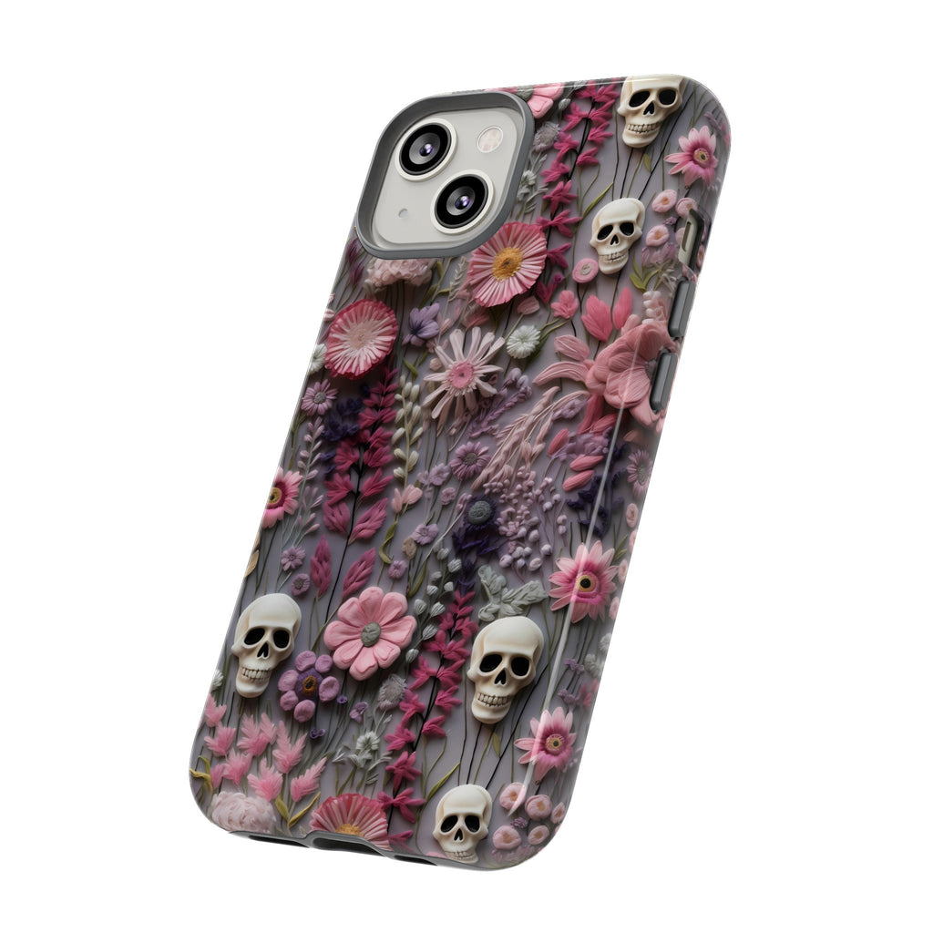Embroidered Look Floral Skulls Phone Case | Faux Embroidery Dark Academia Skeleton Phone Cover For iPhone | Google Pixel | Samsung Galaxy