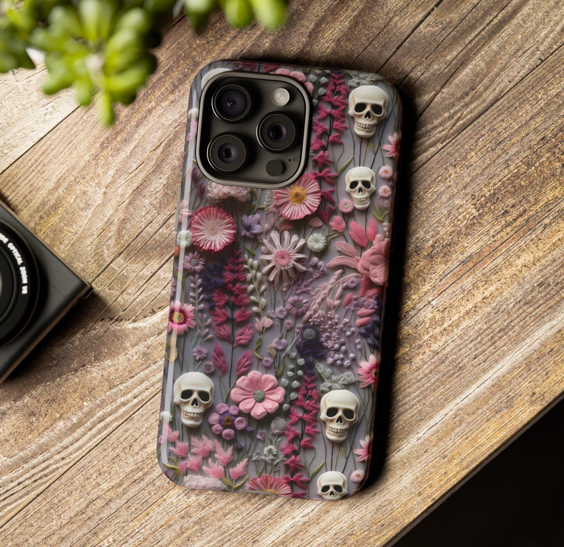 Embroidered Look Floral Skulls Phone Case | Faux Embroidery Dark Academia Skeleton Phone Cover For iPhone | Google Pixel | Samsung Galaxy
