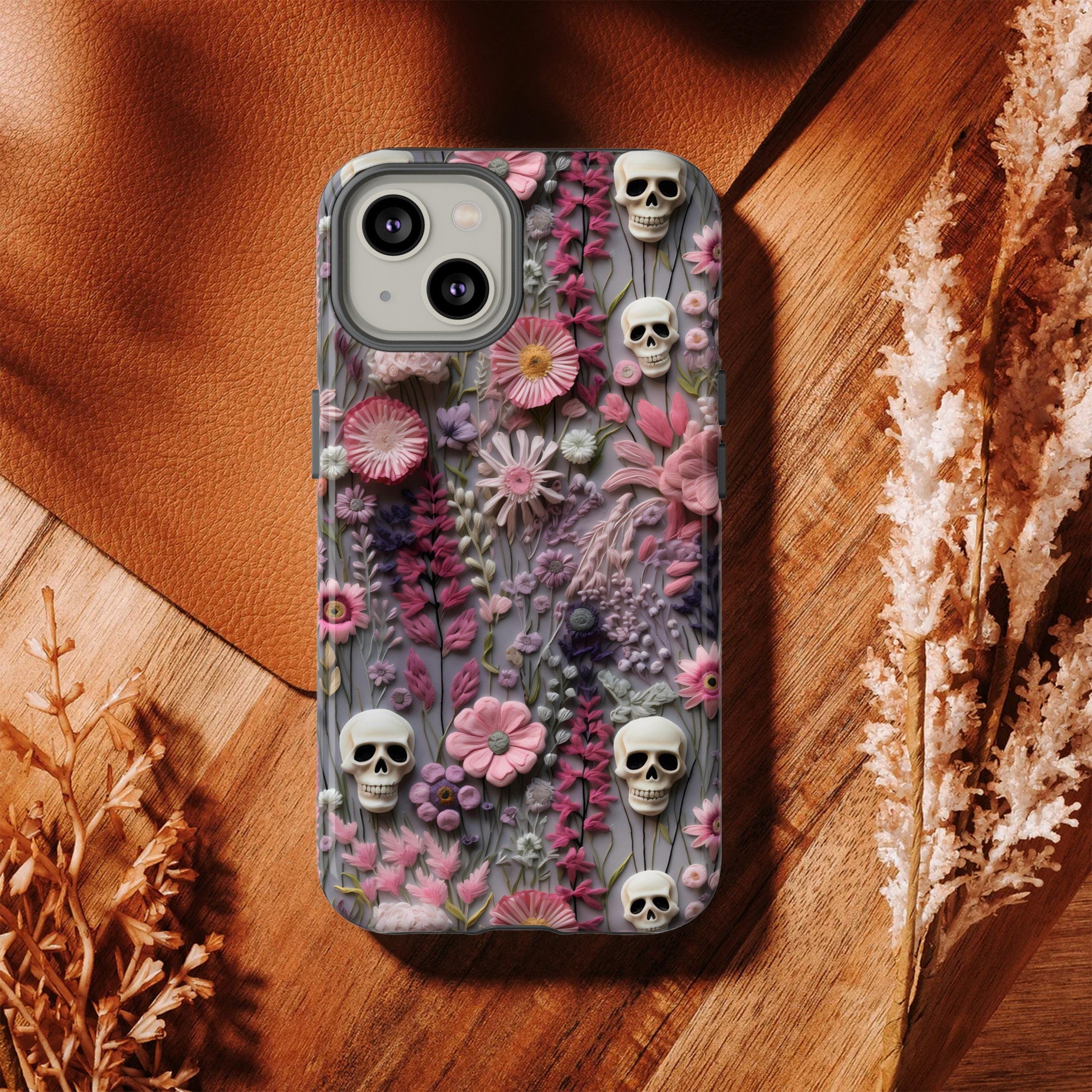 Embroidered Look Floral Skulls Phone Case | Faux Embroidery Dark Academia Skeleton Phone Cover For iPhone | Google Pixel | Samsung Galaxy