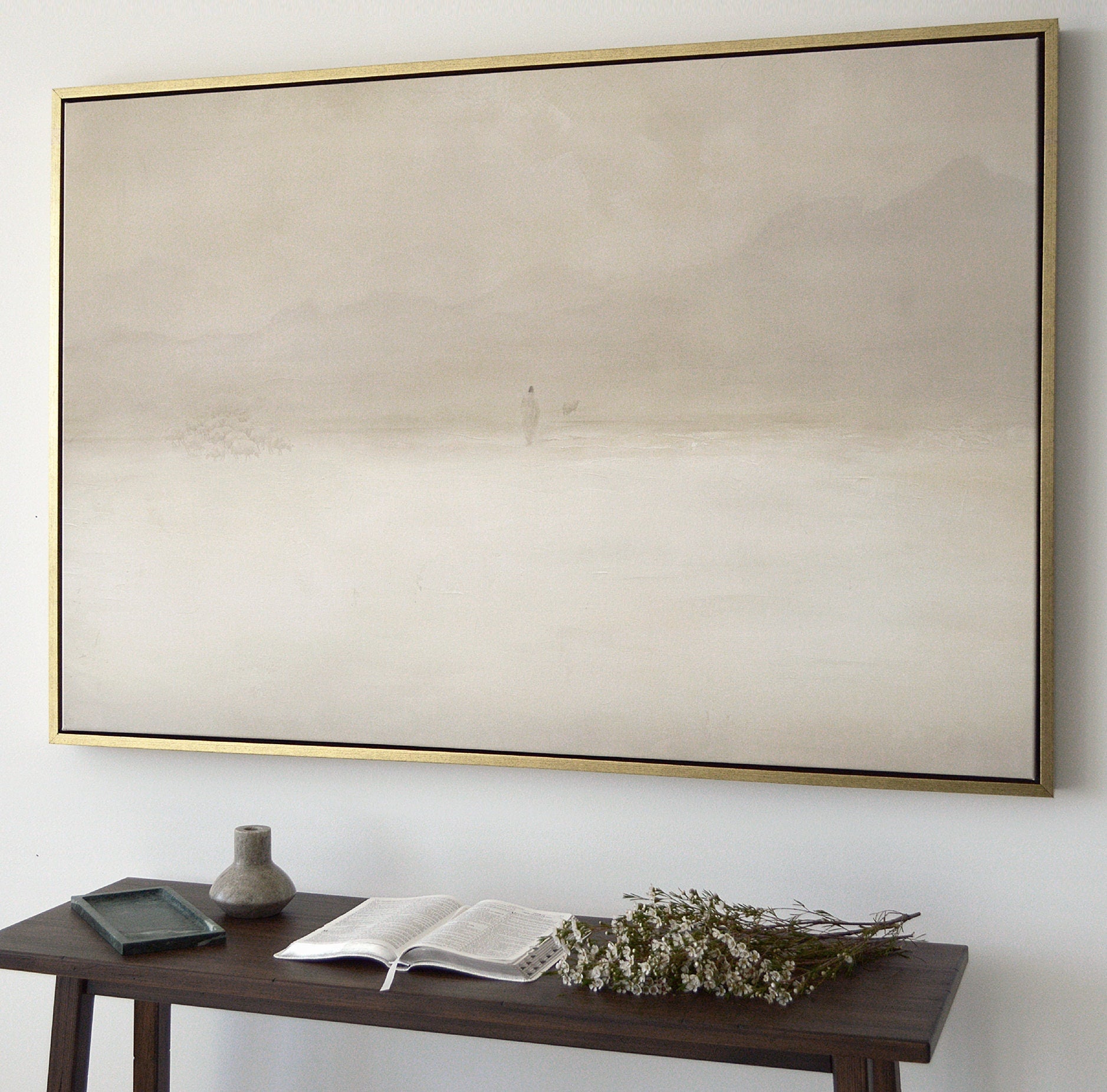 Jesus Leaves the 99 Premium Canvas, Framed, Beige, White, Neutral, Framed, Lost Sheep, Shepherd, Horizontal Sketch Bible Pray Faith Art Gift