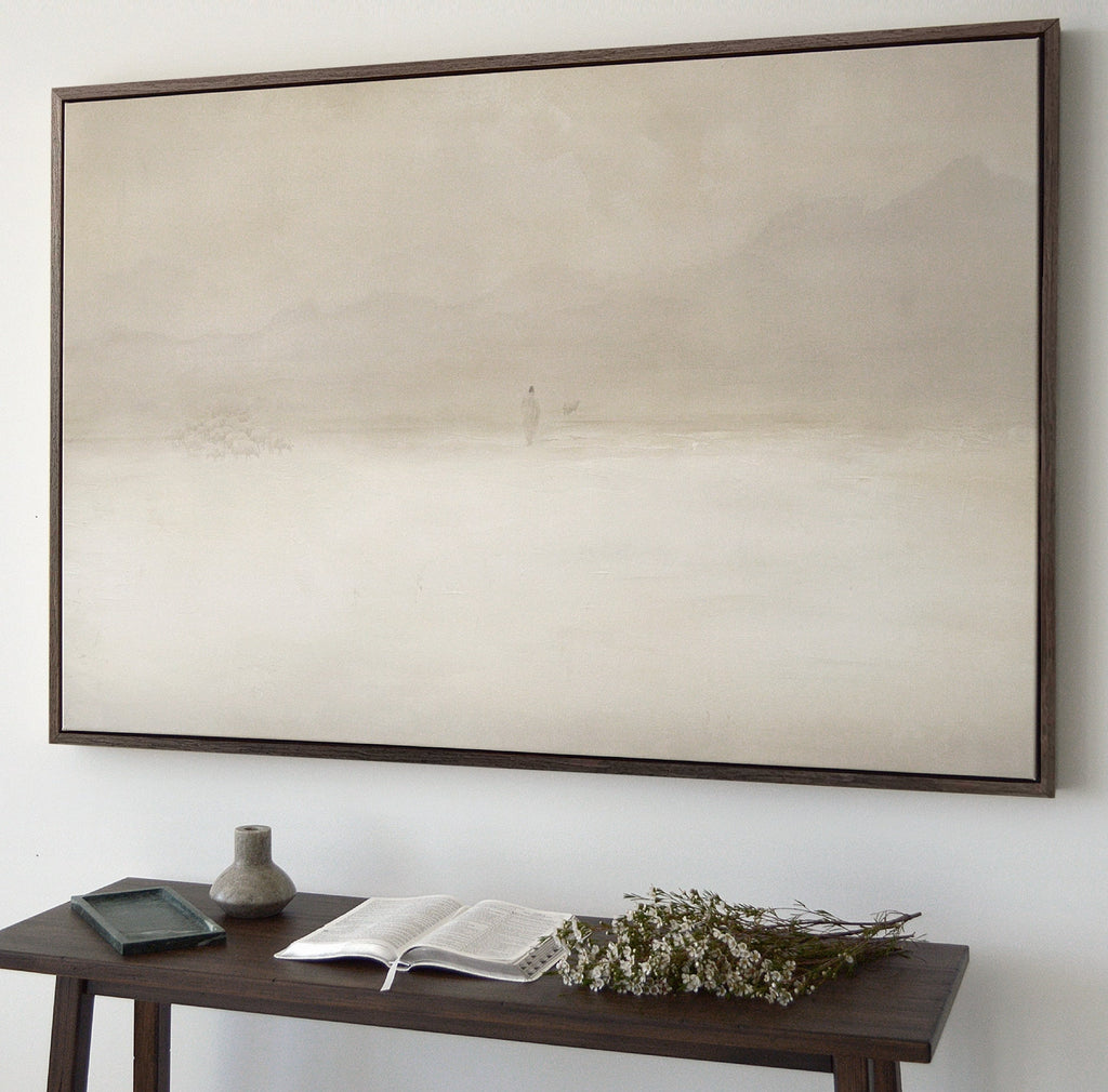 Jesus Leaves the 99 Premium Canvas, Framed, Beige, White, Neutral, Framed, Lost Sheep, Shepherd, Horizontal Sketch Bible Pray Faith Art Gift